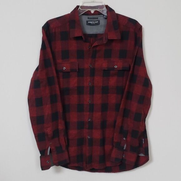 Kenneth Cole Shirt Mens Size Large Flannel Black Red Buffalo Plaid - Picture 1 of 8